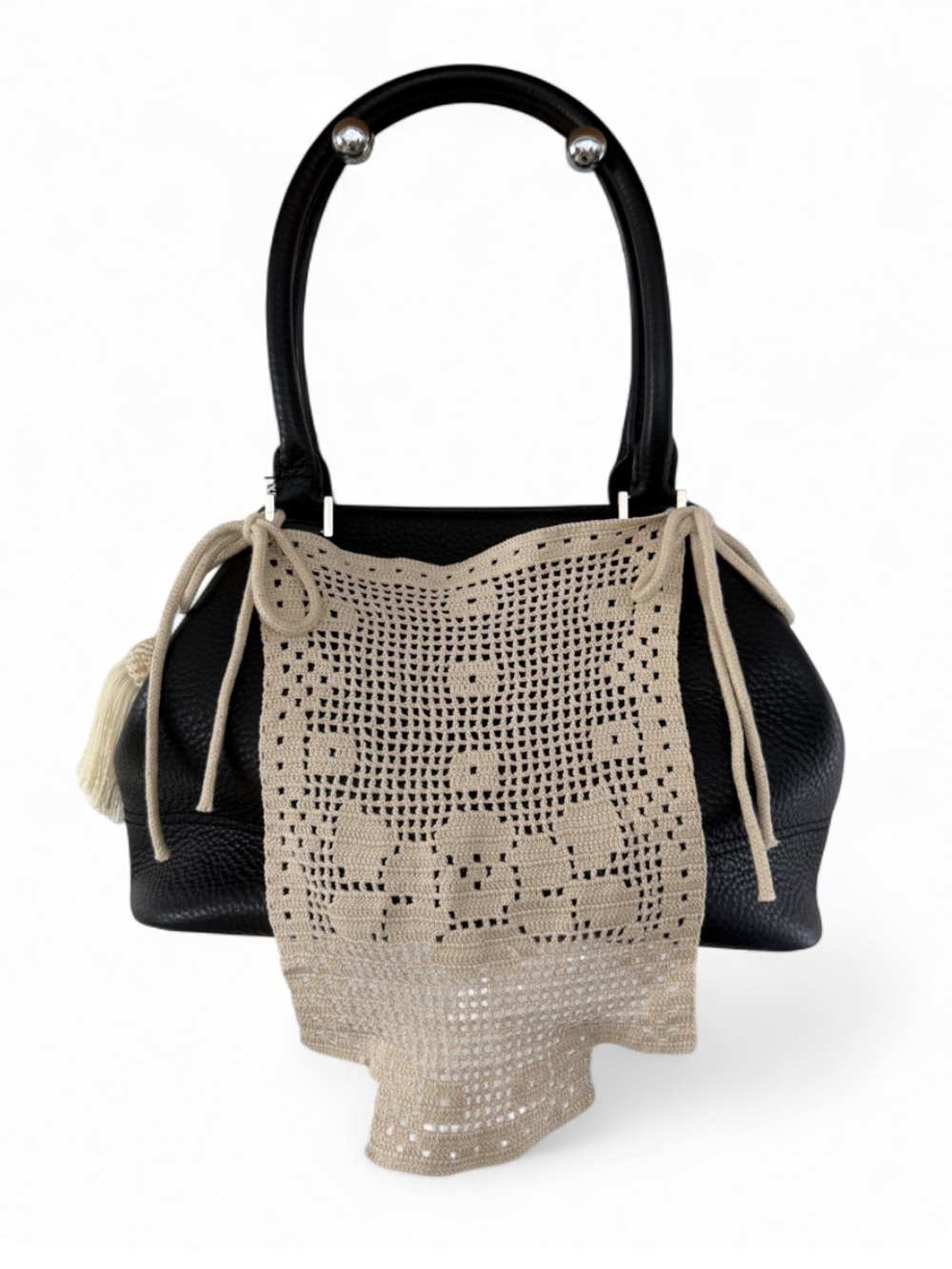 Upcycled Brooks Brothers Leather Shoulder Purse Vintage Crochet Doily & Tassel